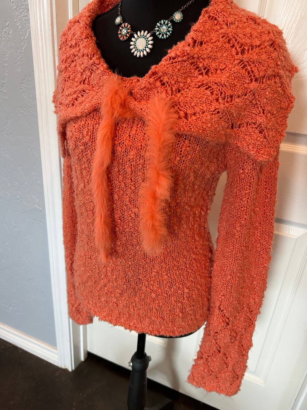 Prima Bella Orange Fuzzy Shrug Sweater Small Shawl Collar Tie Front Cropped Boho